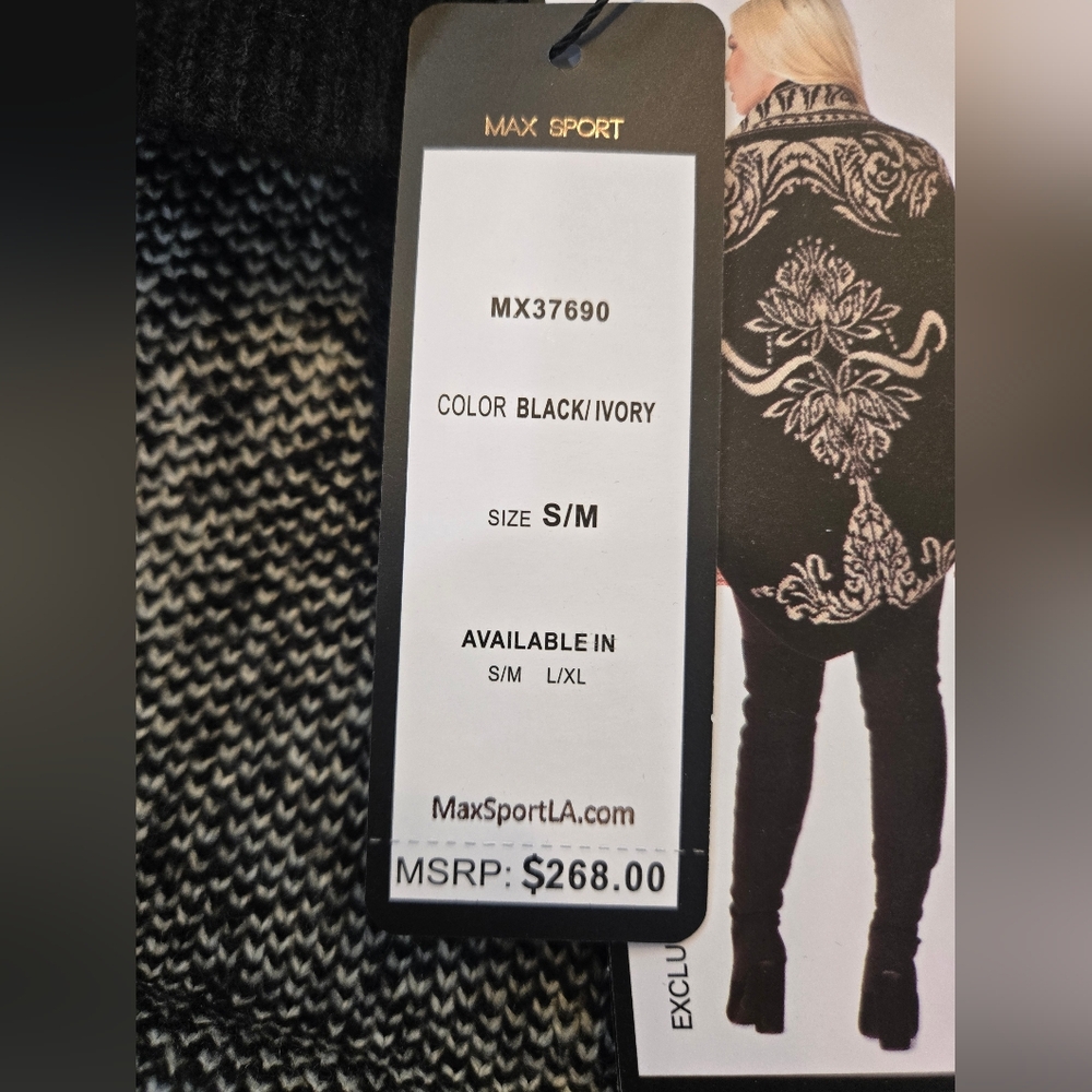 Women's Maxsport Open-Front Black and Cream Patterned Sweater NEW WITH TAGS - Picture 6 of 8